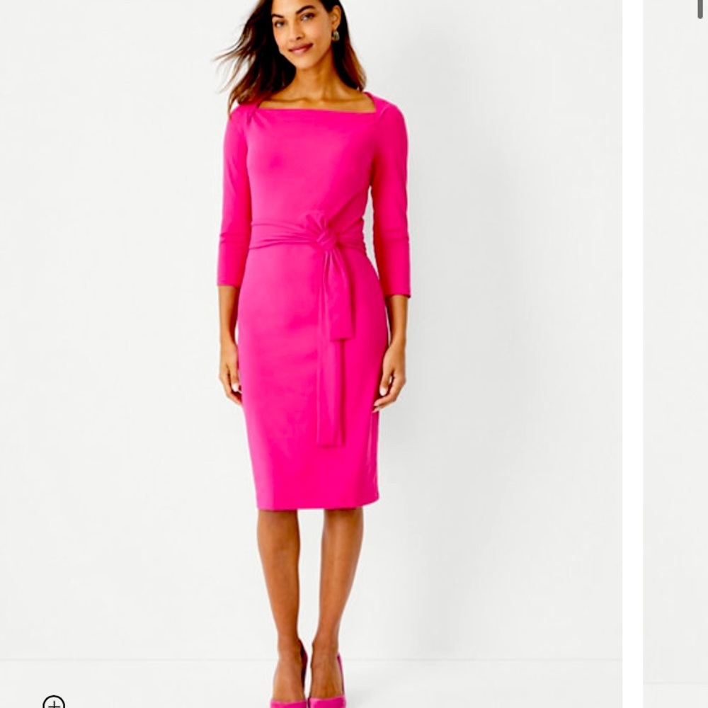 Ann Taylor Refined Stretch Tie Waist Dress Size 16 NWT Magenta Hot Pink